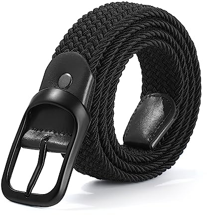 AWAYTR Women Braided Elastic Belt - Women Stretch Woven Fabric Belt for Jeans (black belt+black buckle,110cm)