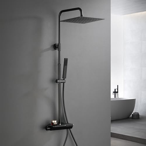 Görbach Stainless Steel Shower Column with Thermostatic Mixer Tap - Black Shower System, Tap, Shower Head, Hand Shower, Matte Black Finish (3030MB)