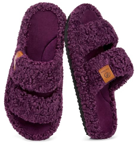EverFoams Womens Fuzzy Open-toe Slippers House Shoes Plum Violet,7-8 UK
