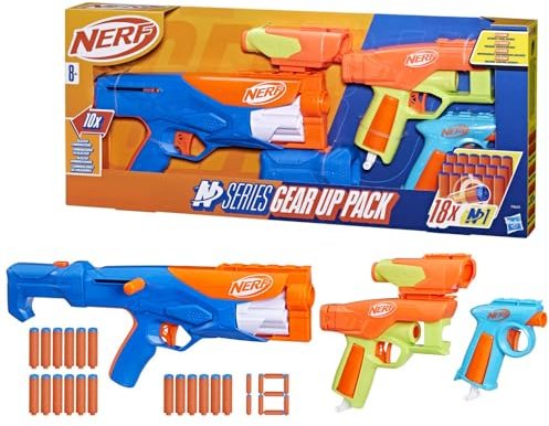 Hasbro Nerf N Series Pacchetto di Equipaggiamento, Set da 3 Blaster di Plastica e 18 Dardi Nerf N1 Compatibili Solo con Blaster Nerf N Series, Giocattolo per Bambini e Bambine dagli 8 Anni