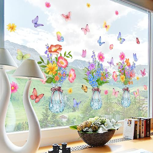 Sinekong Autocollants Fenêtre Fleurs en Vase Printemps Été Anti-Collision Stickers Fleurs Plante Feuilles Papillon Stickers Vitre Anti-Adhésifs Fenêtres de la Maison du Salon du Balcon de l'intérieur