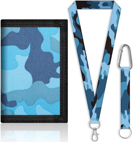 JONYEE Kids Wallet for Boys and Girls 4-16 with Lanyard and Key Chain Holder, Trifold Camo and Cute Wallets for Kids,with Coin and Card Pockets, Novelty Birthday Gifts for Childrens(Camo Blue)