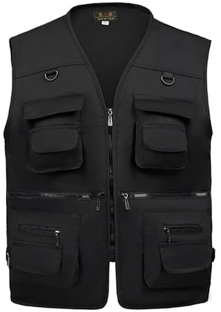 AOTORR Men’s Fishing Vest Casual Outdoor Work Safari Fishing Photo Cargo Vest Summer Jacket With Multi Pockets Black L