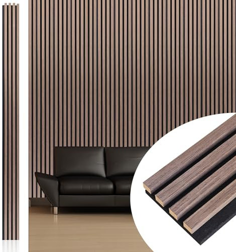 NeatiEase Wood Wall Panels, 9 Feet Acoustic Slat Wall Panels for Interior Wall Decor and Noise Reduction, Decorative Slat Wall Paneling, Smoked Oak, 6-Piece