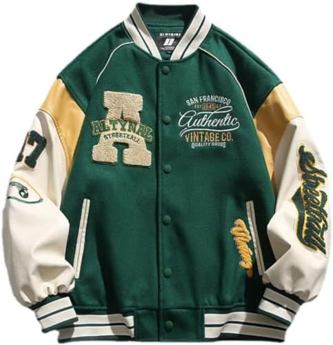 Vagbalena Giacca da College College College da Baseball impiombata con Lettera Y2K da Uomo Giacca da Campus Unisex Giacca da Baseball da Motociclista Casual dalla vestibilità Regolare (Verde,M)