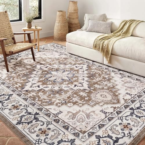 Lofus 5x7 Area Rugs for Living Room, Washable Area Rug, Rugs for Bedroom, Kitchen, Vintage Boho Carpet, Soft Non-Slip, Low Pile Large Area Rug for Office Dining Room, Floral Brown