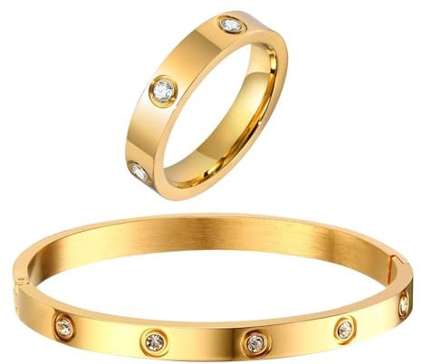 RIXERKOC Gioielli Donna Anello Oro e Bracciali Donna Rigido, Bracciale in acciaio inox con zirconi per le Nocche, regalo di compleanno, matrimonio, San Valentino