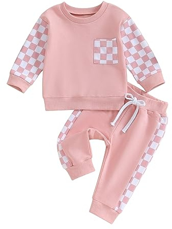 Carolilly 2 Pezzi Completo Neonato Neonata Casual Felpa Manica Lunga Stampa Scacchiera Patchwork+Pantaloni Lungi Tuta Bambini Autunno Primavera (Rosa, 12-18 Months)