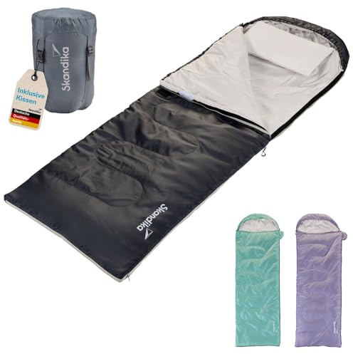 Skandika filt sovsäck Skye | sovsäck 3 årstider, med kudde, kopplingsbar, 220 x 75 cm, 250 g/m² mikrofiberfyllning, innerficka, tvättbar | utomhussovsäckar (mörkgrå | RV höger)