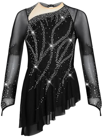 Yruioon Robe De Patinage Artistique Pour Filles Robe À Roulettes Scintillante Avec Jupe Asymétrique De Danse Ballerine Latine Tenue Danse Moderne 5-16 Ans Noir 9-10 ans