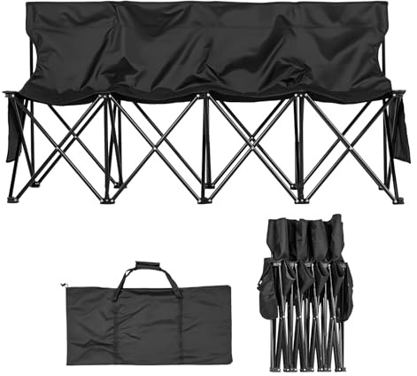 VEVOR Banc Pliant Portable à 4 Places, Banc de Camping Pliable avec Poches de Rangement et Sac de Transport, siège latéral léger avec Dossier pour Football, Baseball et événements en Plein air, Noir