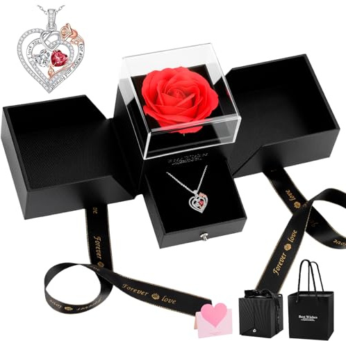 ZUSUZU Rosa Eterna con Collar de Corazón Caja, San Valentin Regalos Mujer, Flor Eterna para San Valentín Día de la Madre Cumpleaños Aniversario Navidad, Ideal Regalos para Mujer Mamá Hermana Espos