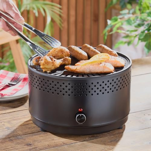 3 PAGEN® Barbecue électrique au charbon de bois avec ventilateur - Convient pour balcon, terrasse et parc - Barbecue de camping sans fumée - Petit et compact - Avec pince, brosse et sac - Ø 29 cm