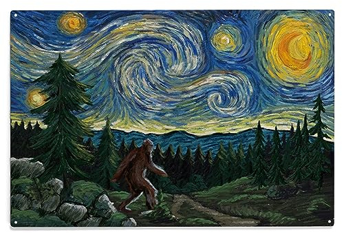 Lantern Press 10x15 Inch Wood Sign, Ready to Hang Wall Decor, Starry Night, Bigfoot