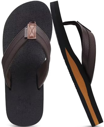 KuaiLu Flip Flops Mens Leather Arch Support Flat Summer Wide Fit Beach Sandals Non Slip Cushioned Yoga Foam Pool Shower Thongs