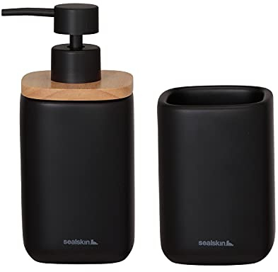 Sealskin Mind Badaccessoire-Set, bestehend aus Seifenspender 200 ml + Zahnputzbecher, Zement mit Details aus Holz, Farbe: Schwarz