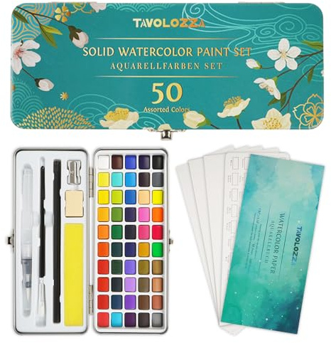 TAVOLOZZA - Set di colori ad acquerello, 50 colori vivaci, con metallizzato e fluorescenza, in confezione regalo con carta ad acquerello bonus e pennelli ad acqua, accessori artistici per pittura e