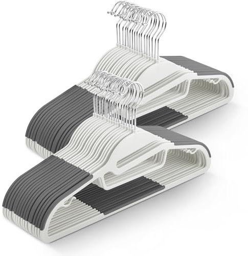 KEPLIN 50 Pack Non-Slip Hangers Durable Slimline Design Space Saving With 360 Swivel, Tie Organiser, Strap Hooks and S Shape Opening (41x22cm) in (White)