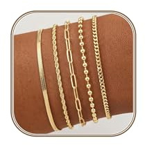 Gold Bracelets for Women Stack Non Tarnish, 14K Gold Plated Stackable Bracelets Set for Women Trendy, Waterproof Simple Jewelry Sets Gifts Inclued Beaded/Cuban/Paperclip/Herringbone/Rope Link Chian, Fashion Accessories