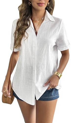 Zeagoo White Button Up Shirt Women Short Sleeve Linen Blouses Summer Loose Blouse for Beach V Neck Collared Shirts (White M)