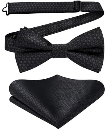 Enlision Fliegen Schwarz Herren Anzug Fliege mit Einstecktuch Set Hochzeit Formelle Herrenfliege Vorgebunden Verstellbare Smoking Schleife und Taschentuch für Männer