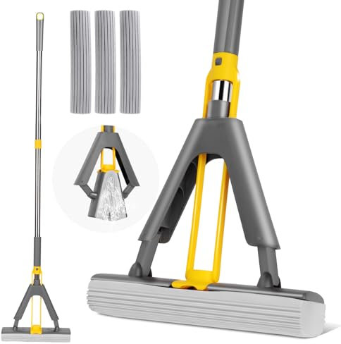 Bodenwischer mit Auswringfunktion, HEVOL Schwamm Wischmopp, Saugfähig Wischer, Schwammwischer mit 3 PVA Schwammköpfe, 128cm Schwamm Mopp für Reinigung Fliesen, Laminat, Hartholz, Marmorboden