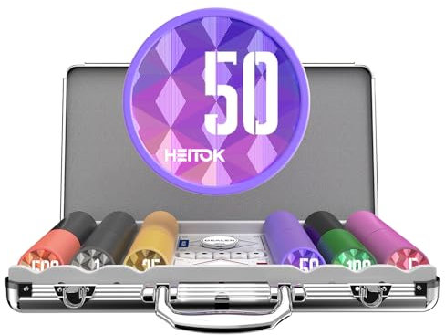 HEITOK 300-teiliges Poker-Set mit Wertmarken, 11,5g schwere Chips, 5 Würfel, 2 Kartendecks, kompakte Aluminium-Box für Texas Hold'em & Blackjack – perfekt für Casino-Abende