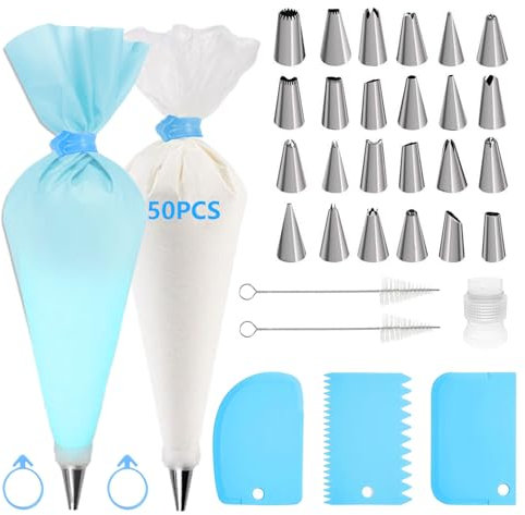 FINEASY Spritzbeutel mit Tüllen, Spritztüllen Edelstahl, Torten Zubehör Set mit 24 Spritzdüsen, 50 Spritzbeutel Einweg, 1 Spritzbeutel Wiederverwendbar, Backzubehör für Torten, Cupcakes, Gebäck