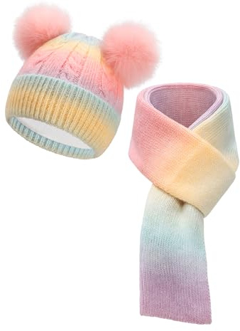 SERENYOU Kids Winter Beanie Hat Scarf Set Boys Girls Double Pompom Hat with Thicken Knitted Warm Scarf 3-10 Years Pink