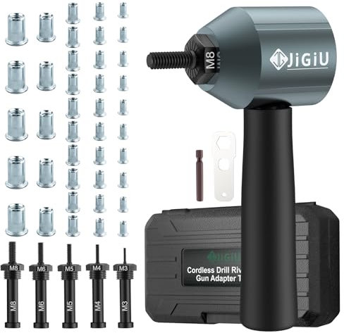JiGiU Adaptador de Taladro de Tuerca Remachadora Electrica con 5 Mandriles (M3 M4 M5 M6 M8) y 40 Tuercas Fácil de Instalar para Mantenimiento Mecánico de Automóviles