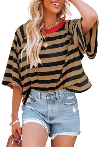 Chicrise Damen Oberteile Sommer Oversize Gestreift Kurzarm T-Shirt Rundhals Casual Mode Ringelshirt Braun Schwarz X Groß 46-48