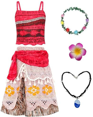 Atorhcer Vaiana Costume pour enfants avec collier et couronne de fleurs et pince à cheveux Costume Moana Fille Vaiana Carnaval Anniversaire Hawaïen Cosplay