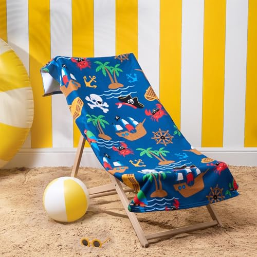Dreamscene Beach Towel Pirate Print, Soft Quick-Dry Lightweight Microfibre Large Beach Towel For Kids Swimming Towel For Beach Poolside Holiday Essentials, Navy-71x152cm