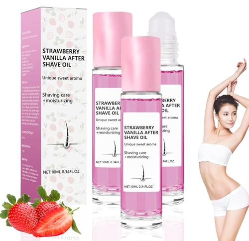 Strawberry Aftershave Oil Roll-On,Soft Aftershave Oil - Strawberry & Vanilla Scent, huile après-rasage hydratante pour hommes et femmes, prévient les poils incarnés (10ml, 3pc)