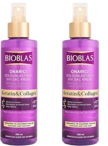 Bioblas Reparierender Flüssig-Conditioner mit Keratin & Kollagen, 2er-Pack (2 x 200 ml), Volumen & Reparatur für geschädigtes, feines Haar, Anti-Haarausfall Formel, Leichteres Kämmen