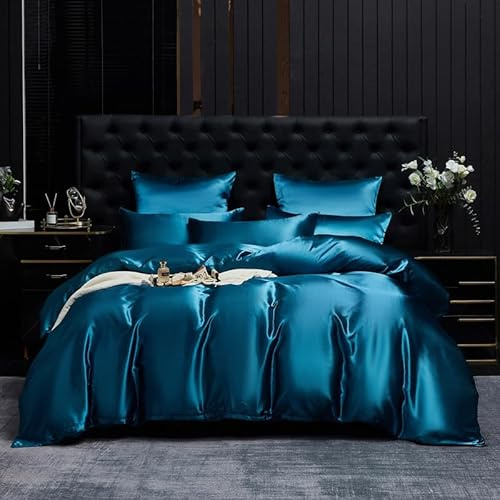 Gezu Biancheria da letto in raso, 220 x 240 cm, colore blu petrolio, morbida, traspirante, satinata, lucida, copripiumino 220 x 240 cm, biancheria da letto estiva morbida in seta, con chiusura lampo e