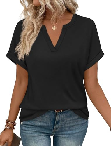 WIHOLL Womens Short Sleeve Tops Black Tshirts Shirts Airport Dressy Casual Work Blouses Plus Size XL