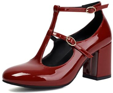 Zapatos Retro T-Strap De Mujer En Charol con Hebilla Ajustable Punta Redonda Tacón Alto Ancho Slip on Zapatos Fiesta Noche Baile,Rojo,34 EU
