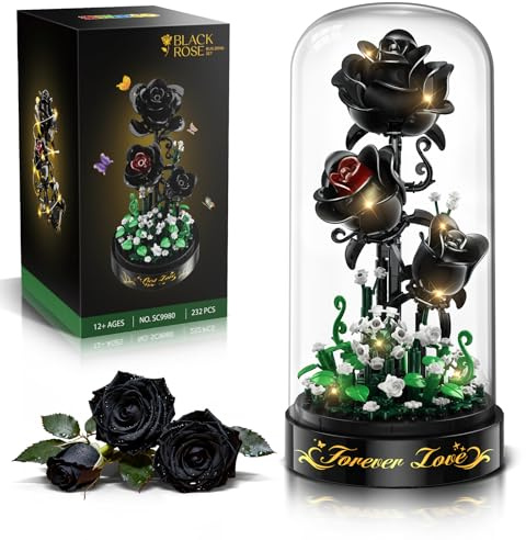 HiWEEGO Flower Building Set with LED Light - 232 PCS Black Rose Building Blocks Kit with Dust Cover, for Her Grilfriend Wife 3.6MM Flower Botanical Collection Block Toy Home Decor
