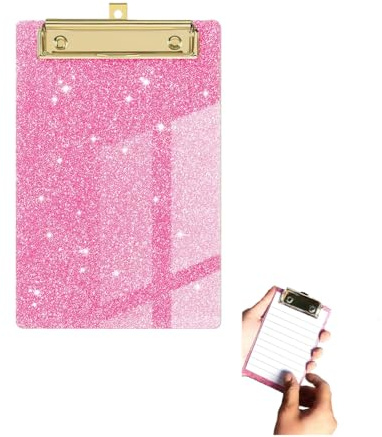 PLUSHCEWT Acrylic Clipboard with Gold Metal Clip, Mini Clipboard for Notes, Bingo Boards with Clip, Ideal for Office, School, Home Game, Easy to Carry, Sparkle Pink (A6 15x10cm)