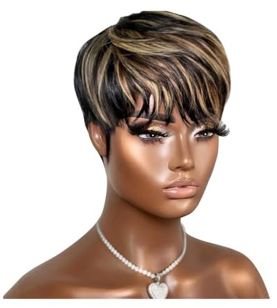 Peluca completa Peluca corta de cabello humano, hecha a máquina, con corte pixie corto y flequillo