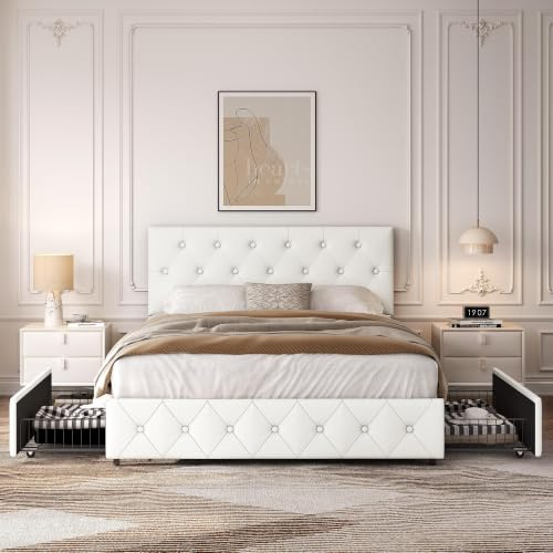 Yaheetech Lit Double rembourré avec tiroirs et Rangement avec Supports à Lattes en Bois, tête de lit réglable en Hauteur avec Rivets à Point de Tension Blanc (140 x 200 cm)