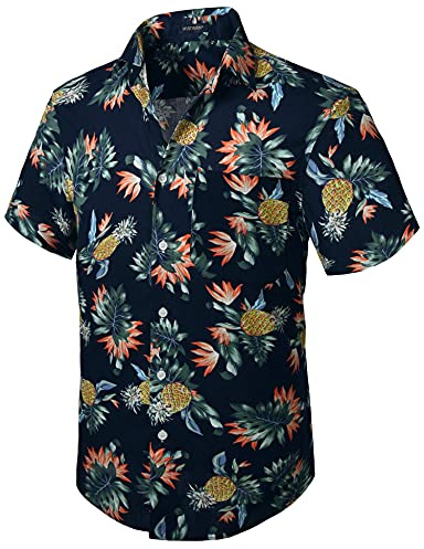 HISDERN Men Funky Hawaiian Pineapple Shirts Short Sleeve Front Pocket Holiday Summer Aloha Printed Beach Casual Navy Blue Hawaii Shirt M