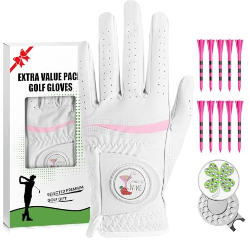 Womens Golf Glove 1 Pack with 2 Ball Marker & 1 Hat Clip & 10 Plastic Tees, Microfiber & Leather All Weather Grip Glove for Left or Right Hand, Soft Comfortable Ladies Gloves (White, Medium, Left)