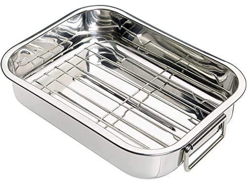 SDMAX Roasting Tin Tray, Stainless Steel Oven Roasting Tin with Rack, Folding Side Handles, Baking Roaster TIN Grill Rack, Roaster Set, Oven Grill Tray (Large 37X28X5.5CM)