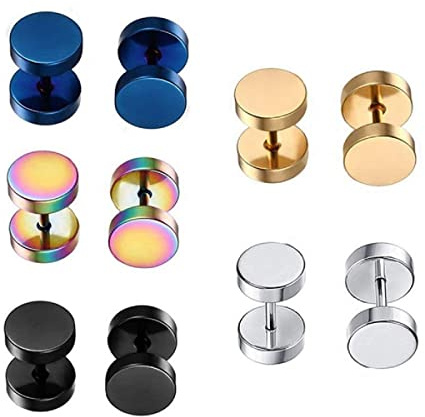 5 Pairs Rainbow Stainless Steel Stud Earrings Set Surgical Barbell Tunnel Fake Ear Plugs Gauges for Men Women Punk Rock Piercing Jewelry-6mm