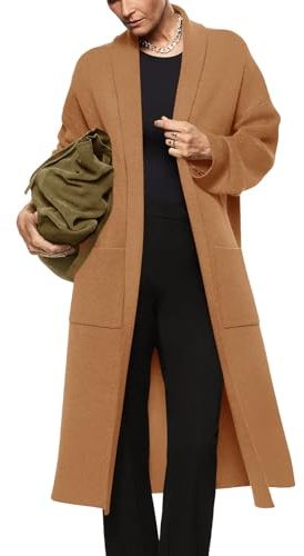 Womens Long Sleeve Maxi Cardigan Open Front Oversized Knitted Sweater Coat Casual Lapel Warm Overcoat with Pocket Camel