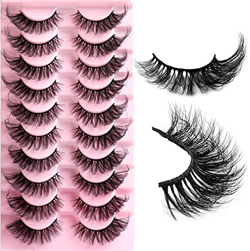 Ciglia Finte 10 Paia 8D Naturale Fluffy Cat Eye Lashes D Curl Russian Strip Lashes Volume Wispy Fox Eye Lashes Pure Fatto a Mano Lungo Ricci Riutilizzabili Drammatico Ciglia Finte Multipack (HLY04)