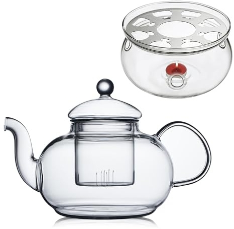 CnGlass 33.8oz Glass Teapot with Removable Infuser,Stovetop Safe Tea Kettle with Glass Tea Warmer 5.3 in/13.5cm Diameter