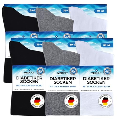 Calcetines para diabéticos (6 pares) sin cintura elástica, con 97% algodón, para hombre y mujer, sin costuras molestas, calcetines diabéticos sin cintura, 43-46